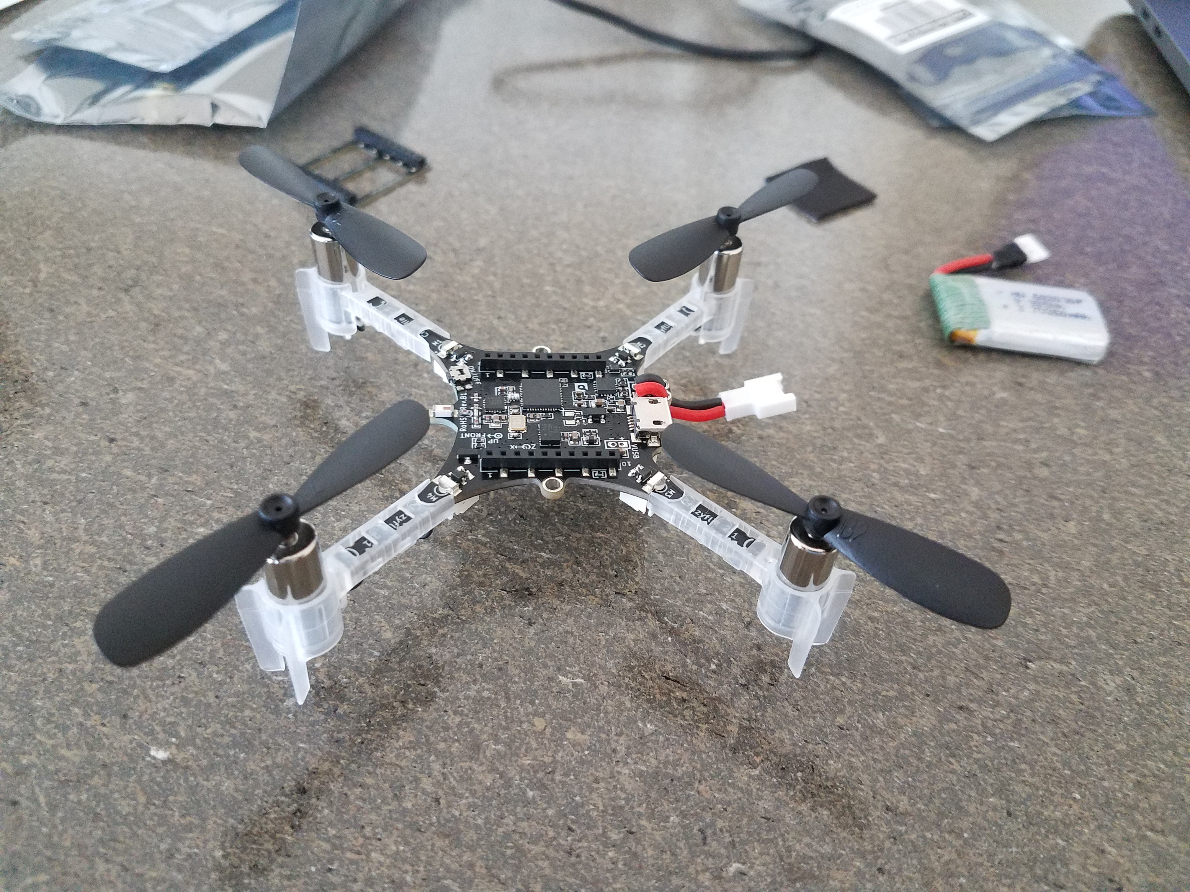 Crazyflie2.1 after adding the arms, motors, and propellers crazyflie_partial_assembly